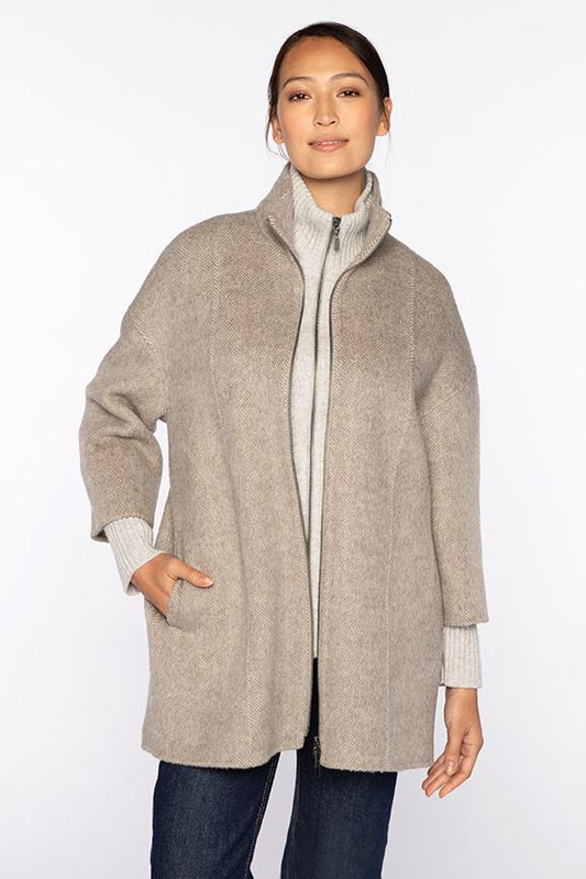 Brushed Herringbone Zip Mock Coat