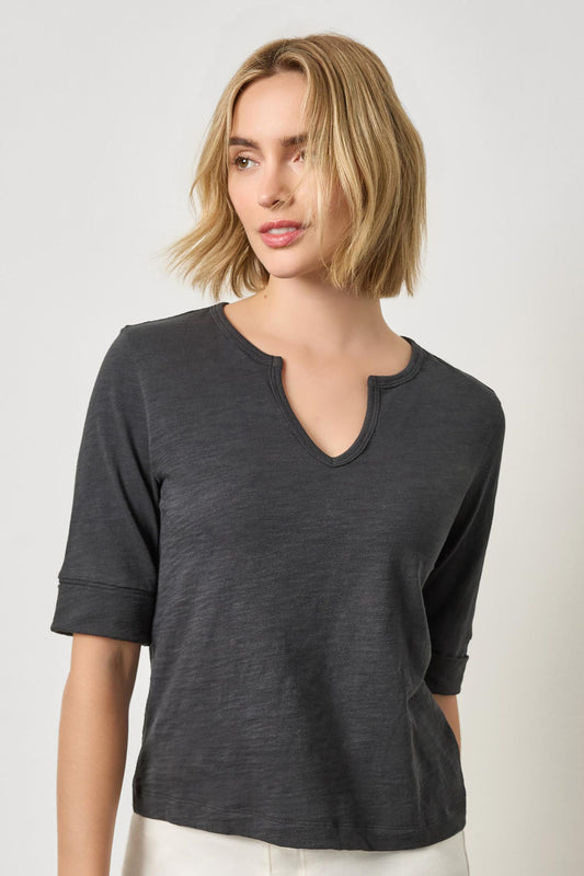Rib Trim Elbow Split Neck