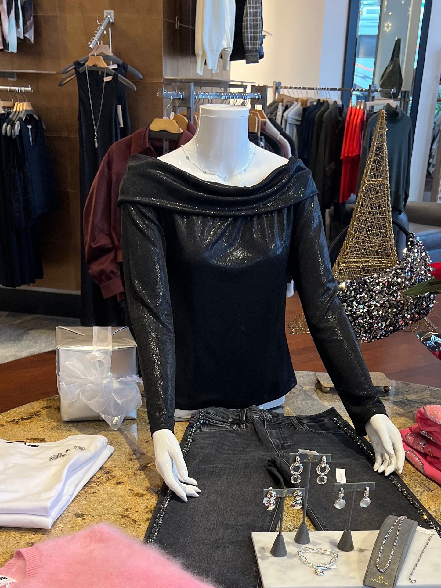 Metallic Jersey Off-Shoulder Top