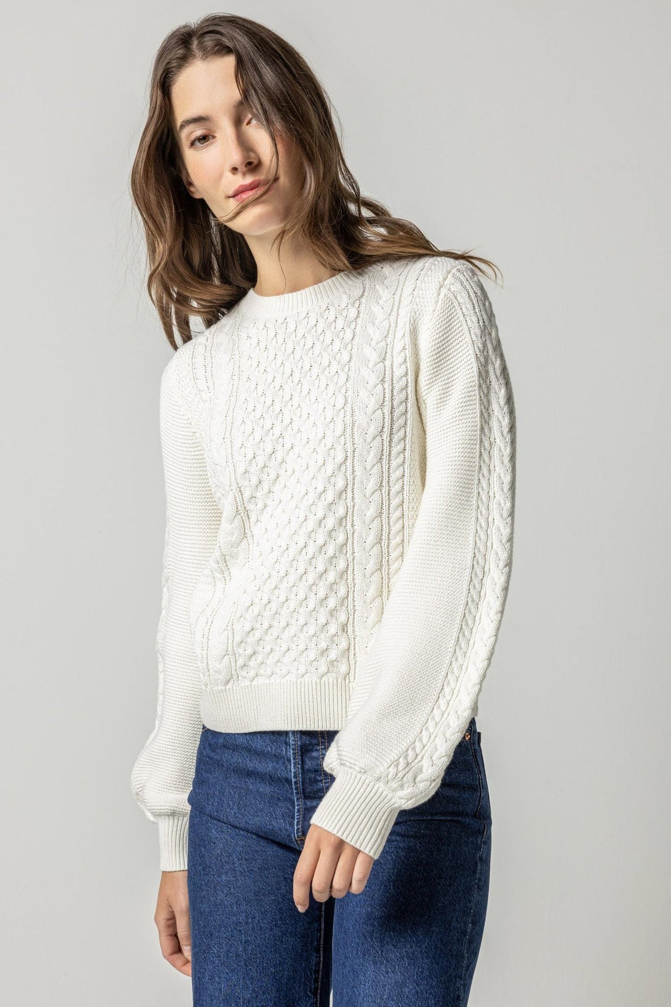 Long Sleeve Cable Crewneck Sweater