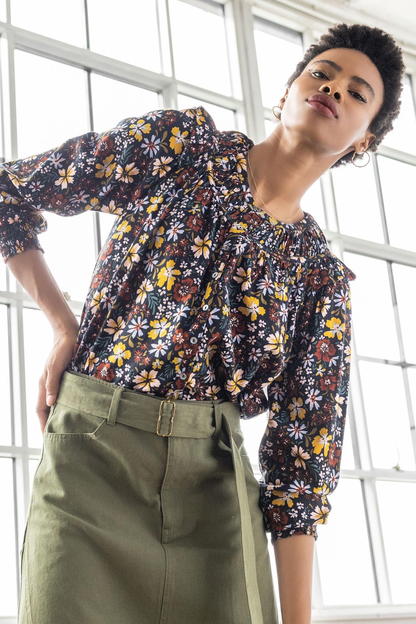 Floral Smocked Cuff Top
