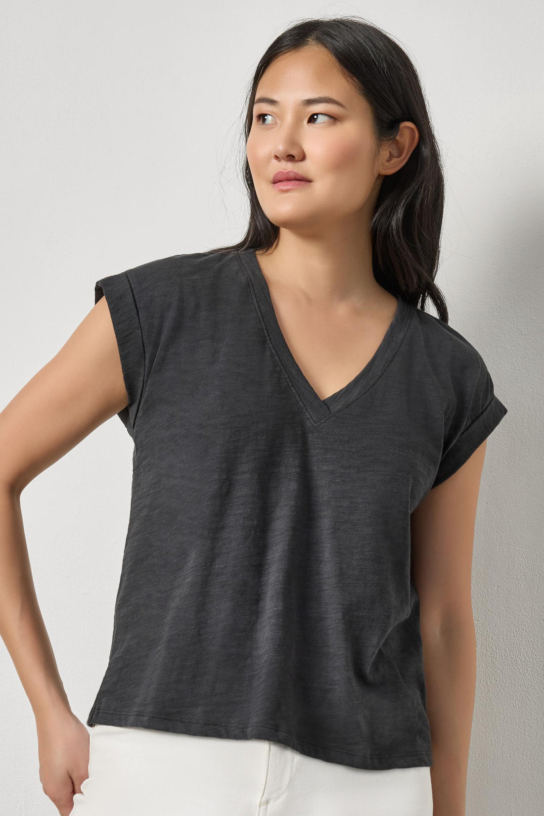 Cuffed Sleeve V-Neck