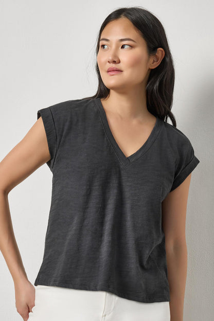 Cuffed Sleeve V-Neck