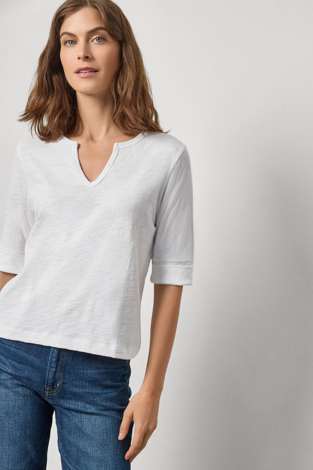 Rib Trim Elbow Split Neck