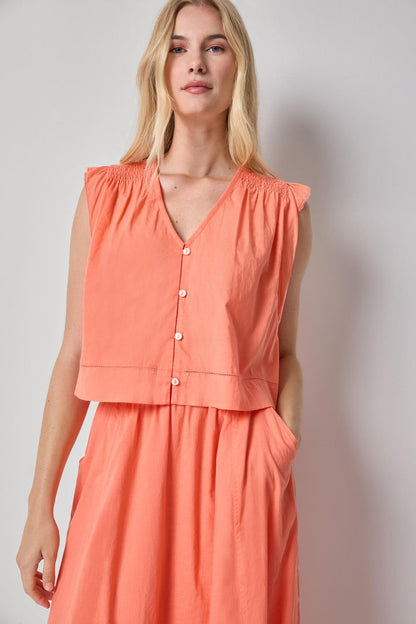 Smocked Shoulder V-Neck