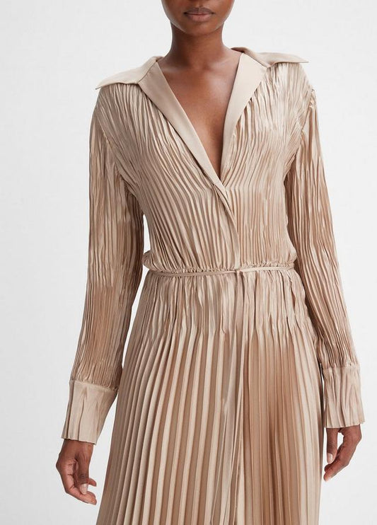 Pintuck-Pleated Long-Sleeve Shirt Dress